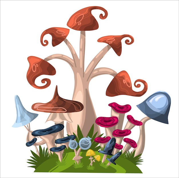 Cartoon mushroom background A fabulous illustration of a mushroom forest Fantasy illustration with magic fungus