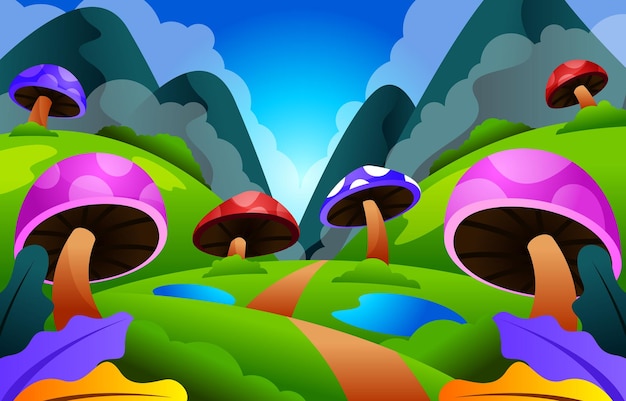 Vector cartoon mushroom game world background