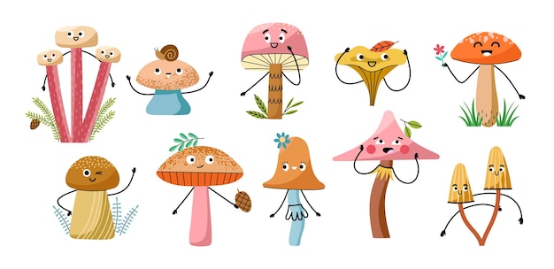 Vettore personaggi dei funghi dei cartoni animati funghi forestali divertenti elementi botanici organici commestibili e velenosi felice emoji fata creature vettore set
