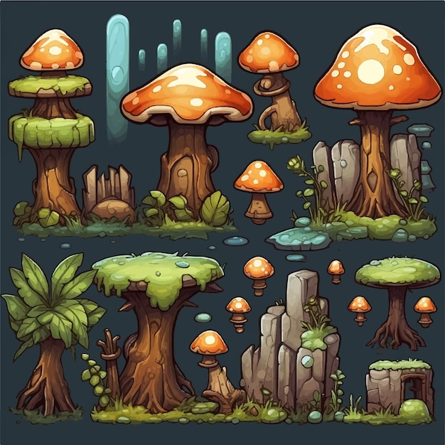 cartoon mushrooms and stone houses tree game background