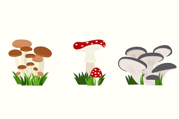 Cartoon mushrooms with grass vector illustration set