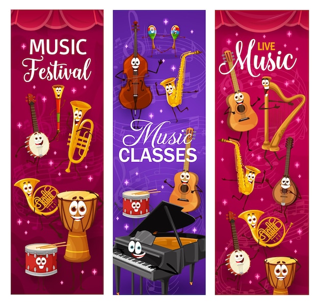 Cartoon musical instrument characters banners