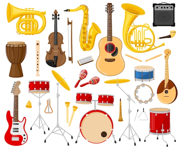 Мультяшные музыкальные инструменты. акустические и электрические инструменты, гитары, барабаны, саксофон, набор векторных иллюстраций скрипки. музыкальные инструменты оркестра