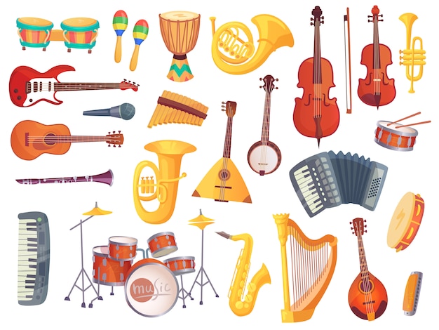 Cartoon musical instruments, guitars, bongo drums, cello, saxophone, microphone, drum kit isolated. Music instrument vector collection