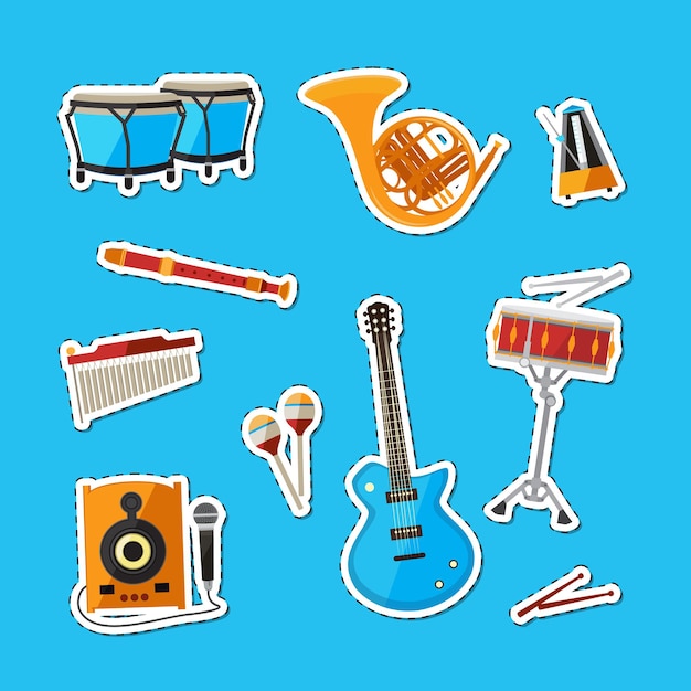 Вектор Мультфильм музыкальные инструменты наклейки набор иллюстрации, изолированные на синем фоне