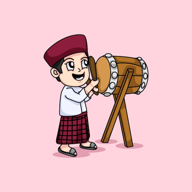 Cartoon muslim boy hitting bedug illustration