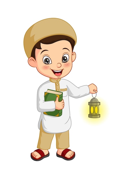 Cartoon muslim boy holding quran book with ramadan lantern