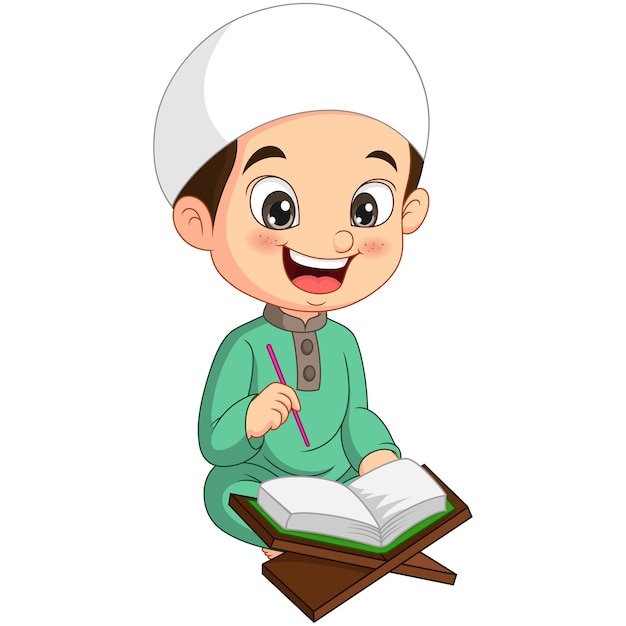 Cartoon muslim boy reading Quran