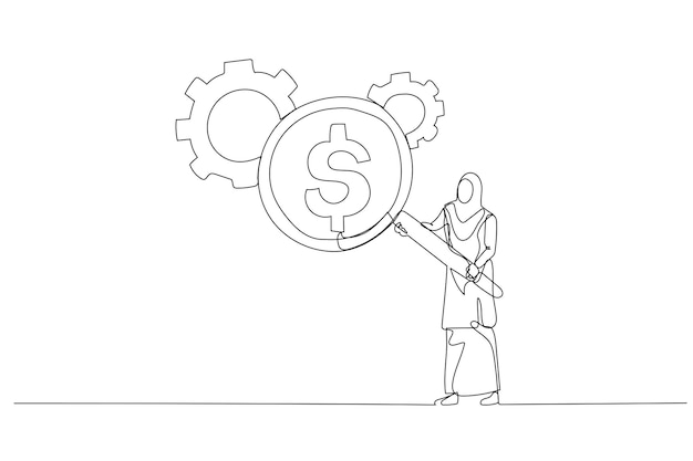 Cartoon of muslim businesswoman with magnifier showing dollar money reflection looking at gear cogwheel concept of cost efficient Single line art style