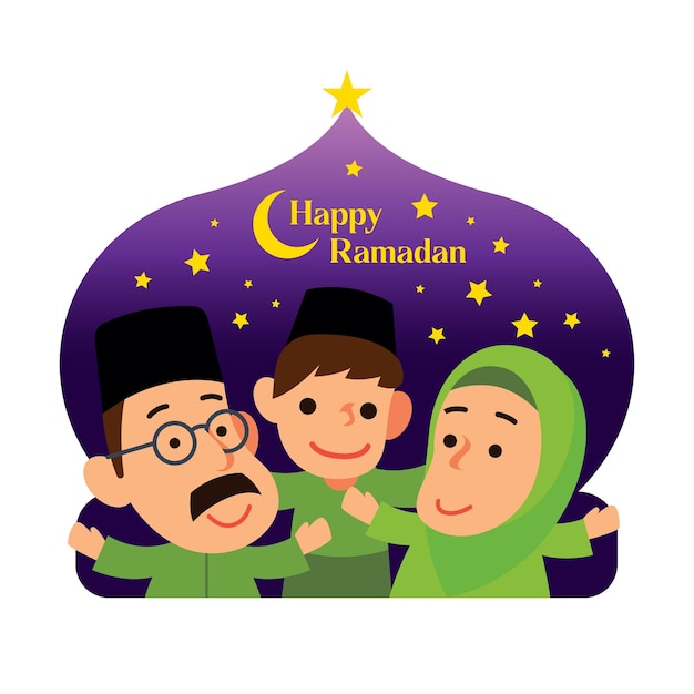 La famiglia musulmana del fumetto celebra il ramadan sulla moschea a forma di chiaro di luna e sfondo di stelle