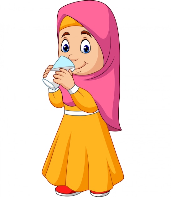 Cartoon Muslim girl drinking water