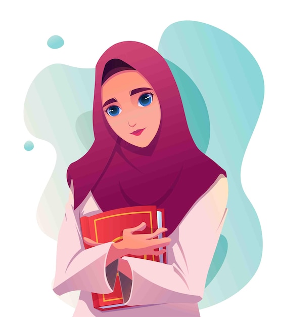 Cartoon Muslim girl in hijab hugging the Koran with a smile