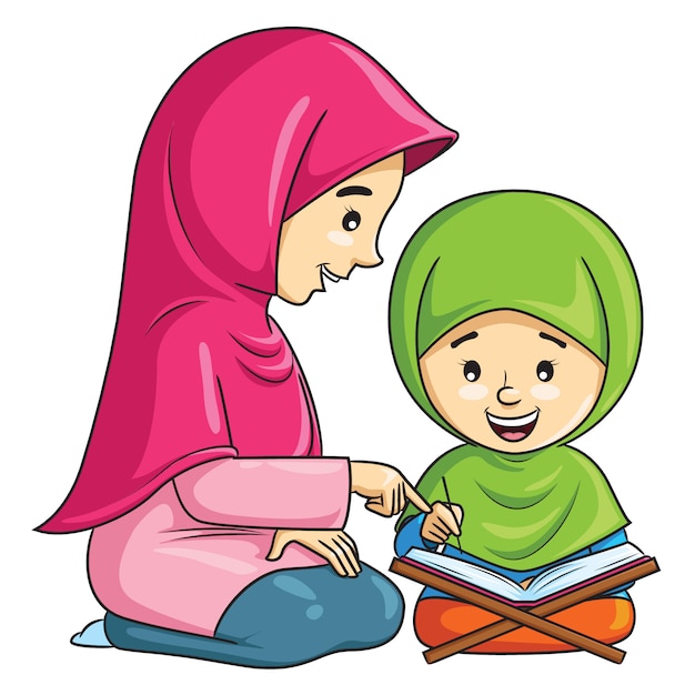 Cartoon of a Muslim girl learning to recite the Quran with her mother