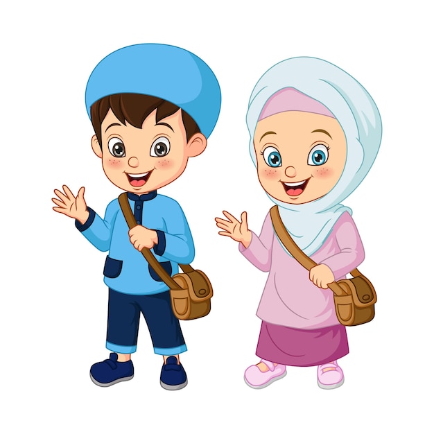 Cartoon Muslim kids going to school