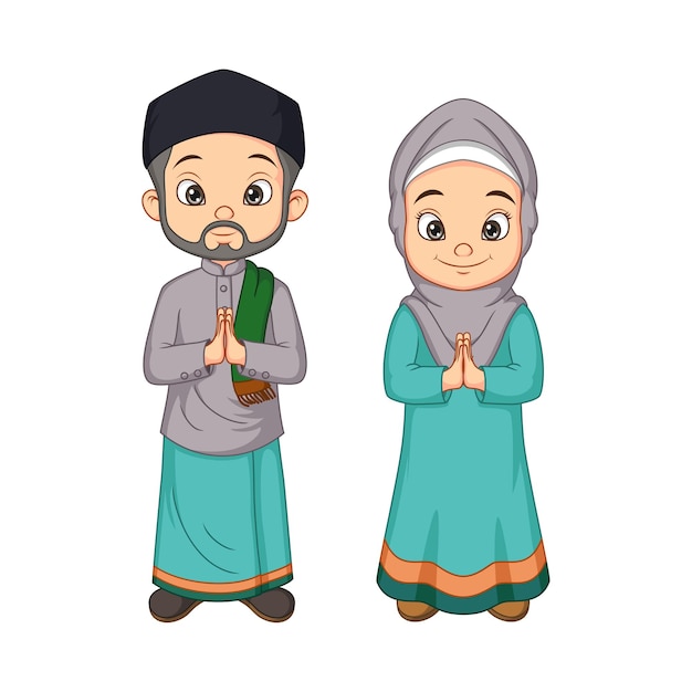Мультяшный мусульманин мужчина и женщина приветствуют салам
