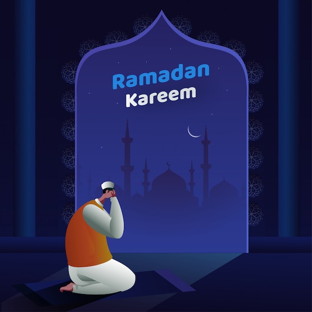 Cartoon muslim man in tayammum pose with mosque and night view on blue background for ramadan kareem celebration.