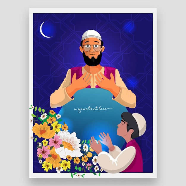 Uomo musulmano del fumetto con suo figlio che offre namaz insieme e floreale sulla notte blu. eid o ramadan mubarak.