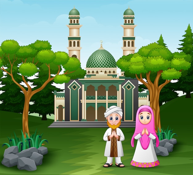 Cartoon muslim people in front the mosque