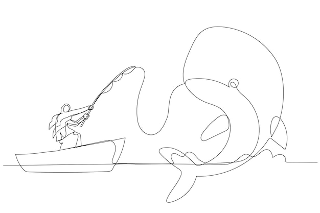 Cartoon of muslim woman get big fish whale concept of catching big profit One line style art