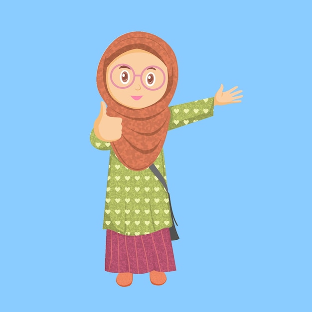 라마단 인사말 카드 Eid Al Fitr Hijriyah를 위한 히잡과 귀여운 안경을 쓴 만화 이슬람 여성