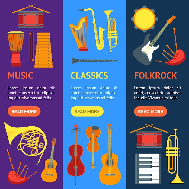 Cartoon muziekinstrumenten banner vecrtical set vector