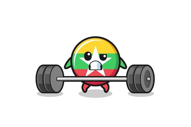 Cartoon of myanmar flag lifting a barbell  cute design