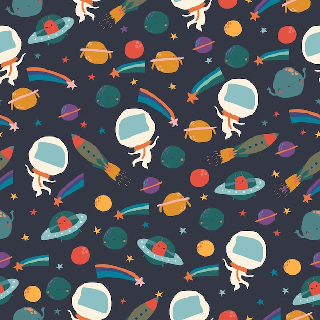 Cartoon naadloos patroon met PlanetsStars en astronauten