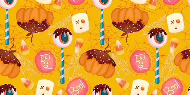 Cartoon naadloze patroon halloween zoet dessert Fantasy eyeball pompoen snoep kleurrijke illustratie Schattig snoep behang Magic print Cartoon vectorillustratie Happy halloween