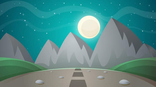Cartoon nacht landschap. Komeet, maan, bergen, spar illustratie.