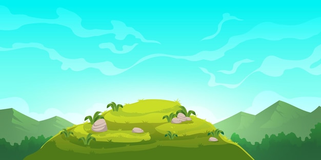 Мультфильм природа пейзаж зеленый холм и скалы