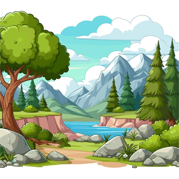 cartoon nature landscape waterfall in the forest vector illustration