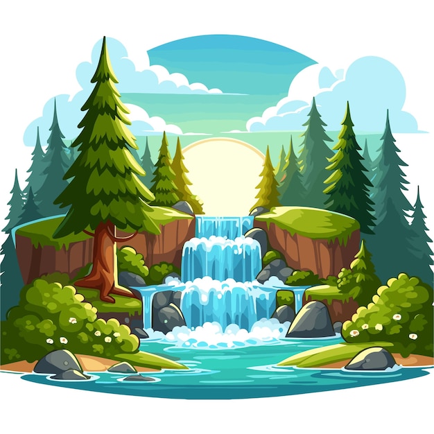 Vector cartoon nature landscape waterfall in the forest vector illustration