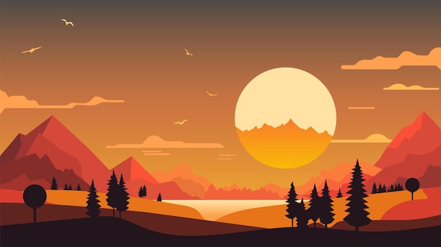 Vector cartoon nature landscape with sun and mountains vector illustration
