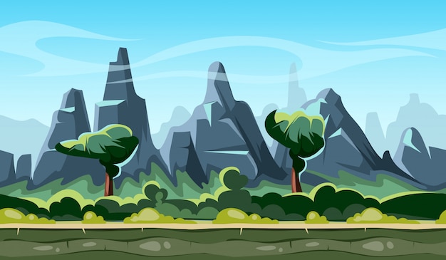 Vector cartoon nature landscape with trees and mountains