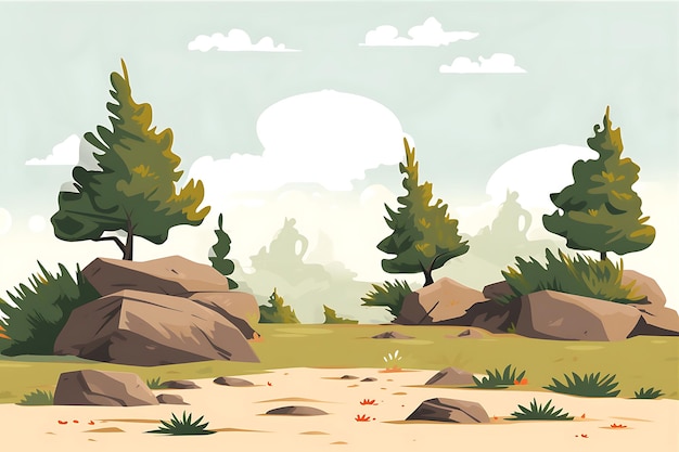 Vector cartoon nature scene trees grass