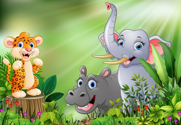 Vettore cartone animato della scena della natura con diversi animali