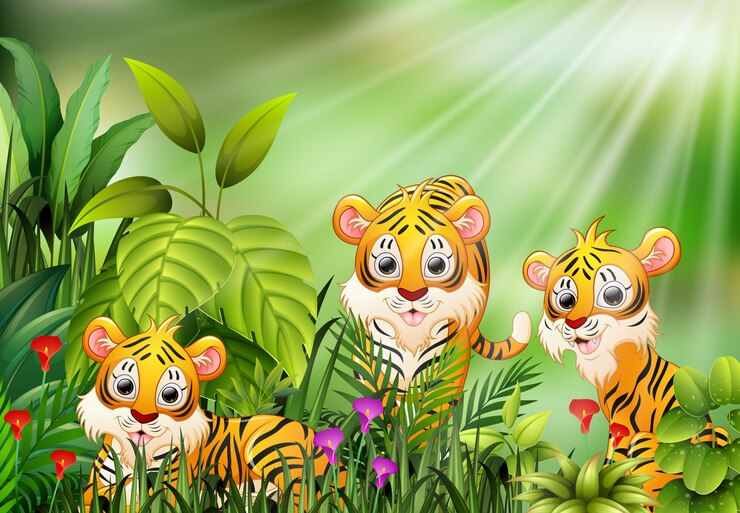 Vector cartoon of nature scene with group of tiger