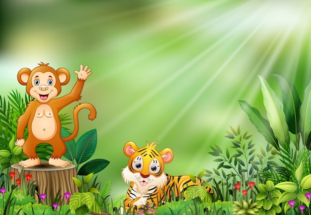 Мультфильм сцены природы с обезьяной, сидящей на пень и тигр