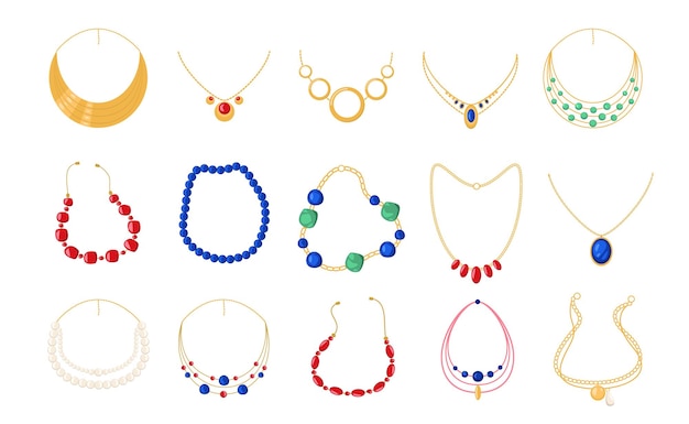cartoon necklaces luxury gold metal beads jewellery woman fashion pearl collar beads chain with gemstone bijouterie vector isolated collection
