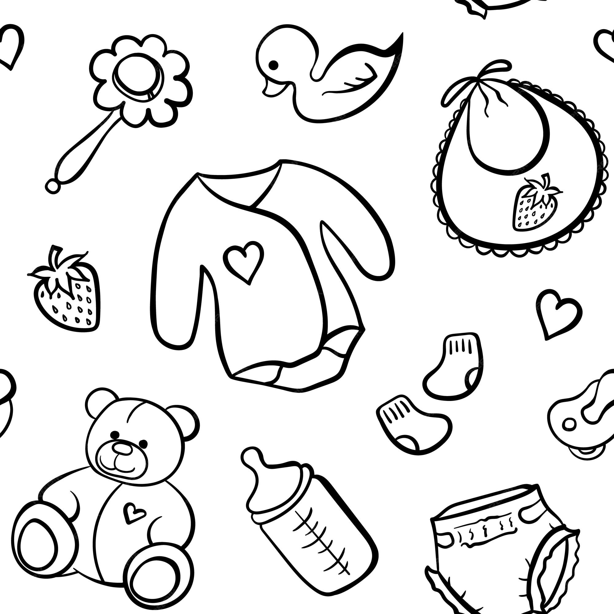 Premium Vector | Cartoon newborn baby clothes toys things monochrome black and white line art vector seamless pattern texture background Premium Vector | Cartoon newborn baby clothes toys things monochrome black and white line art vector seamless pattern texture background