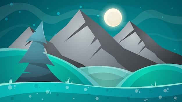 Cartoon night landscape. Comet, moon, mountains, fir illustration.