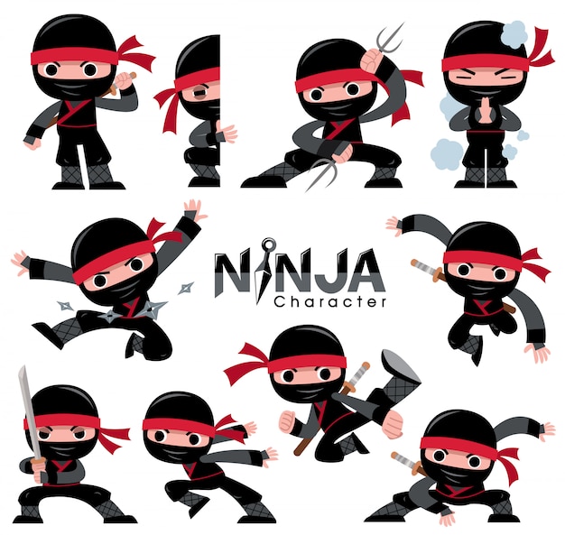 Vettore set di caratteri del fumetto ninja. pose di combattimento