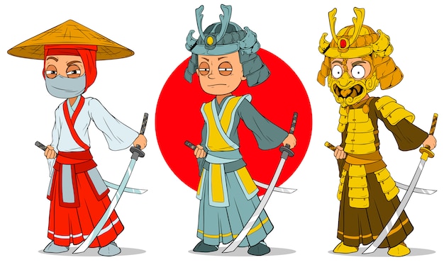 Cartoon ninja samurai with sword characters set