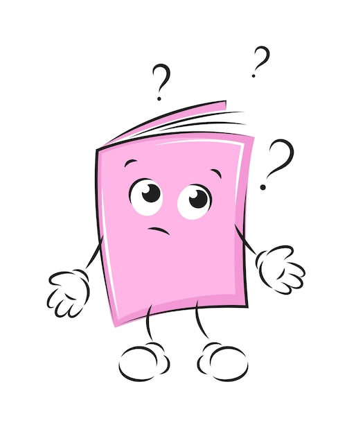 Cartoon notebook character with question marks Childish notebook with face arms and legs