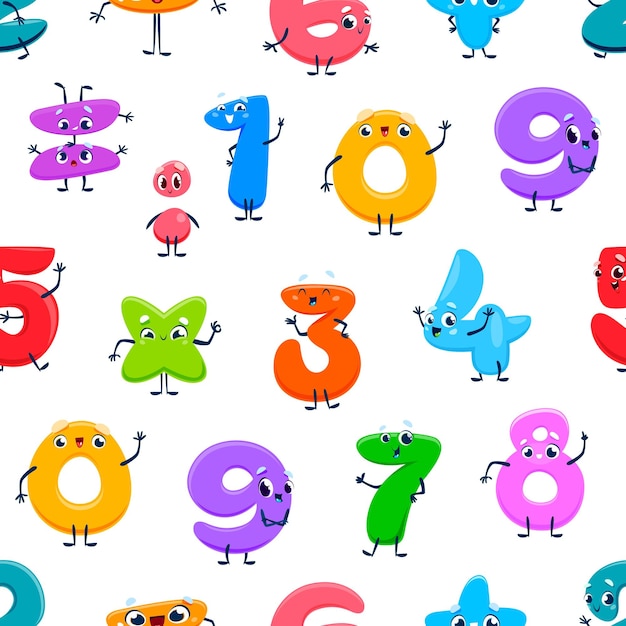 Cartoon nummer karakter naadloze patroon achtergrond met vector wiskunde algebra figuren Leuke grappige getallen patroon met ogen en gezicht glimlach voor kinderen onderwijs of numerieke rekenkundige emoticons