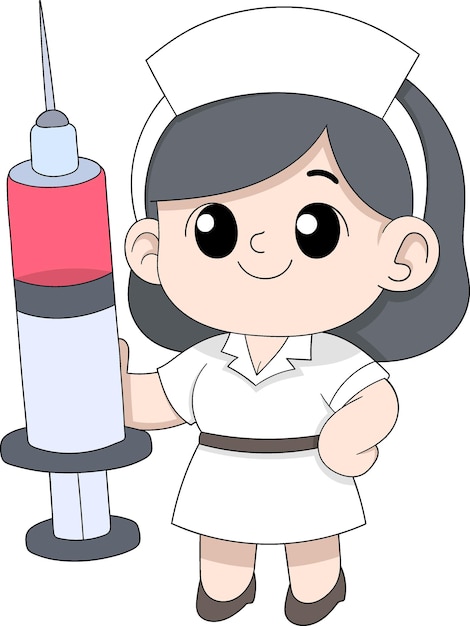 Vector cartoon nurse holding giant syringe for vaccination campaign illustration