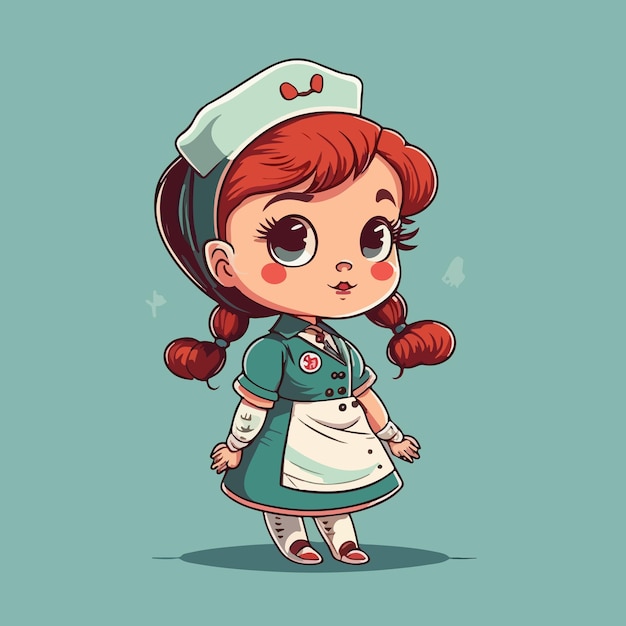 A cartoon of a nurse with a blue dress and white apron.