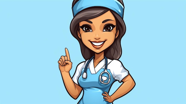Vettore un cartone animato di un'infermiera con un'uniforme blu che dice medico