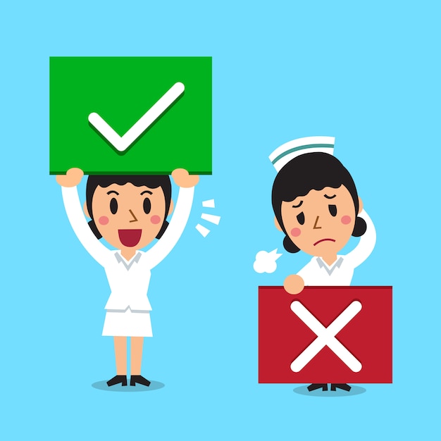 Cartoon nurse with right and wrong signs