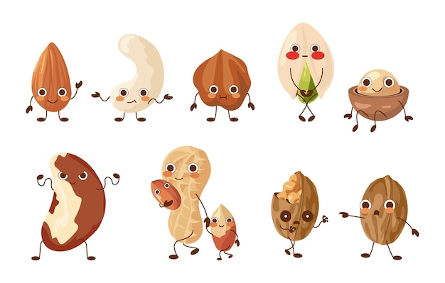 Cartoon nut characters Cute food mascots Funny walnut and pistachio Macadamia or peanut Hazelnuts set with various expressions and poses Dieting snacks Vector healthy nutrition